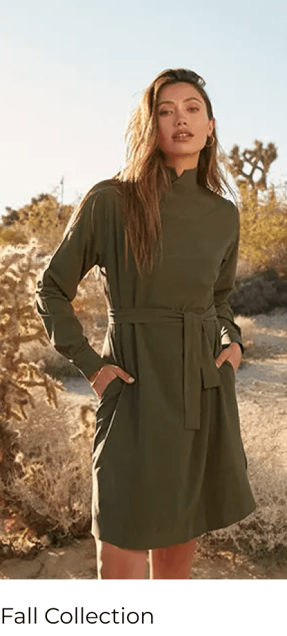 Woman in olive green dress from the fall collection