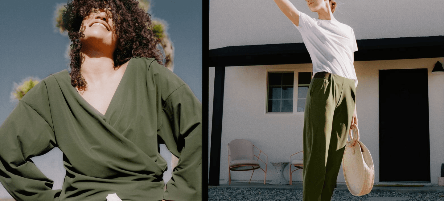 Modimal lookbook featuring an olive wrap top against a bright sky